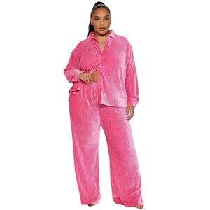 Women's 2pc Crushed Velvet Matching Set Wide Leg Pants and Top Sz 1x Barbiecore